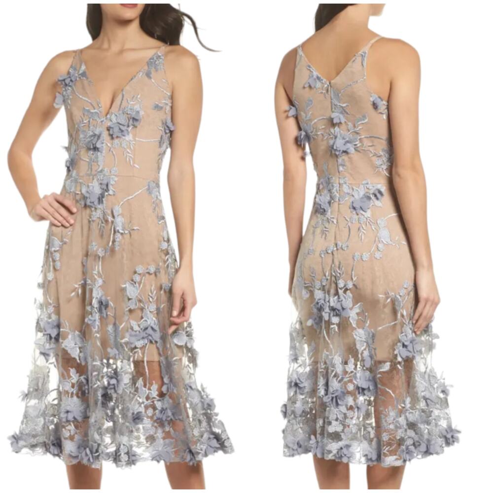 Dress The Population NWT Audrey Embroidered Fit & Flare Dress Size S Blue Nude